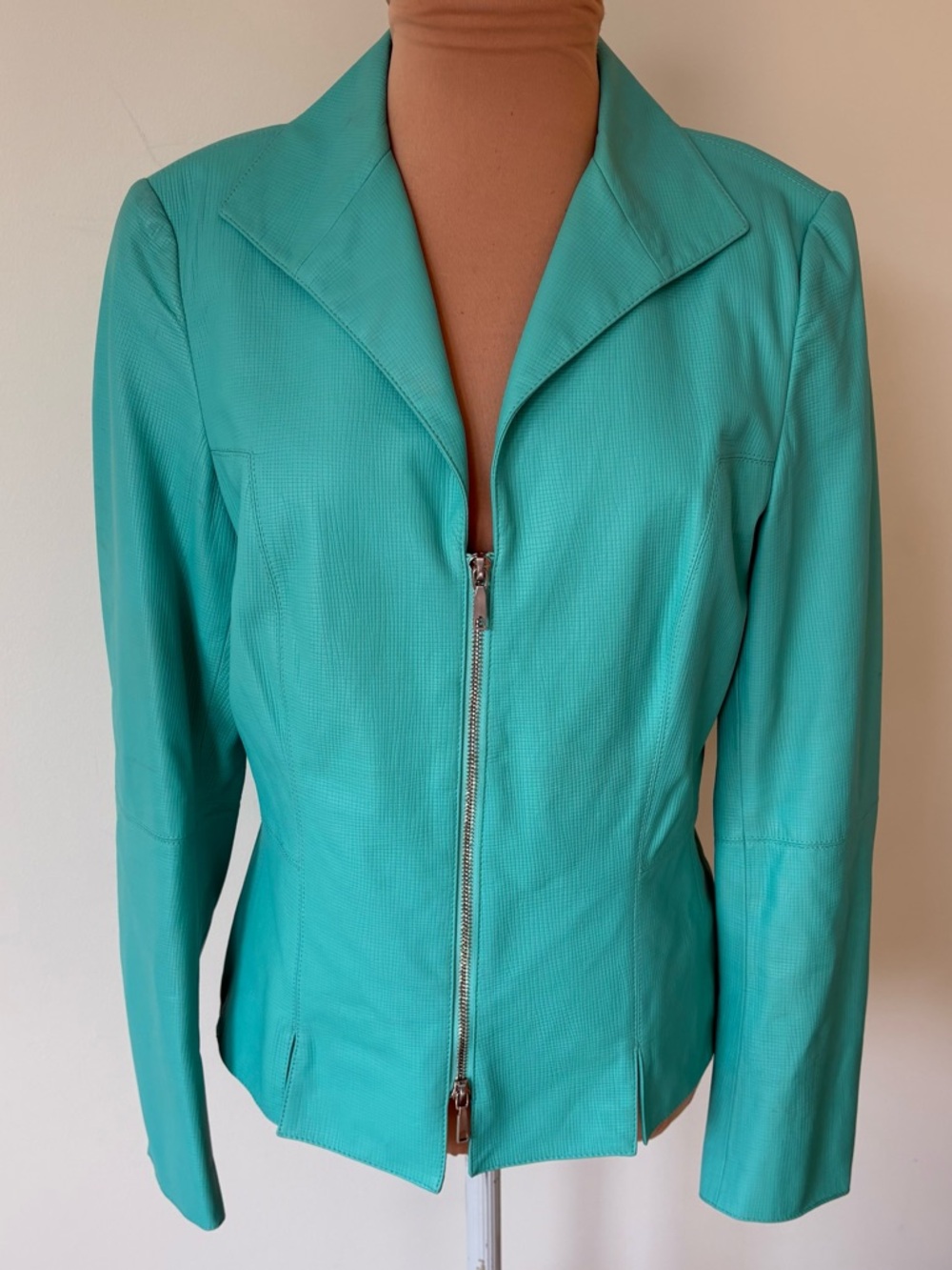 Lafayette 148 New York Textured Leather Teal Blue Double Slider Zipper Jacket 6